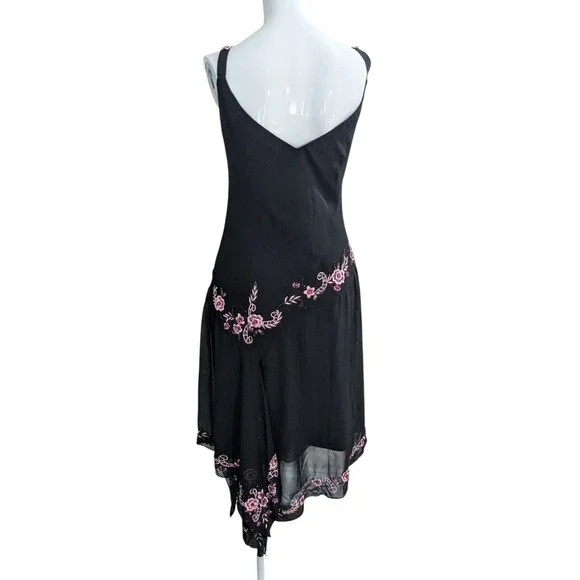 Y2K Floral Embroidered Handkerchief Hem Slip Dress Black Size 12 Bias Cut Fairy - Picture 9 of 9